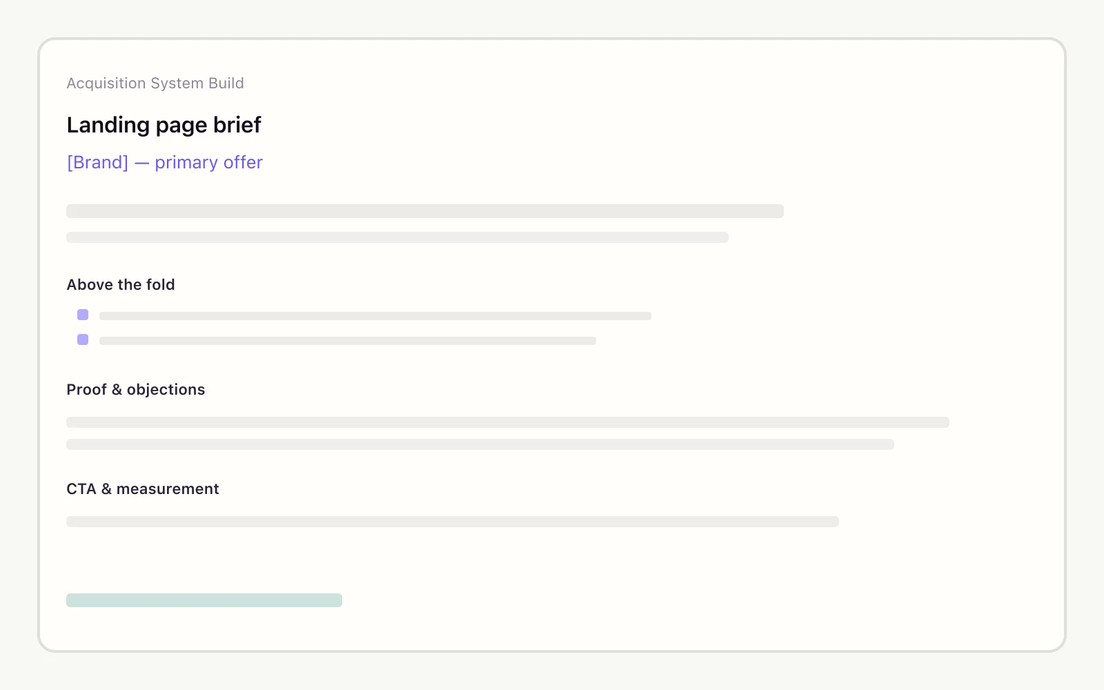 Anonymized landing page brief document with placeholder brand name and structured sections.